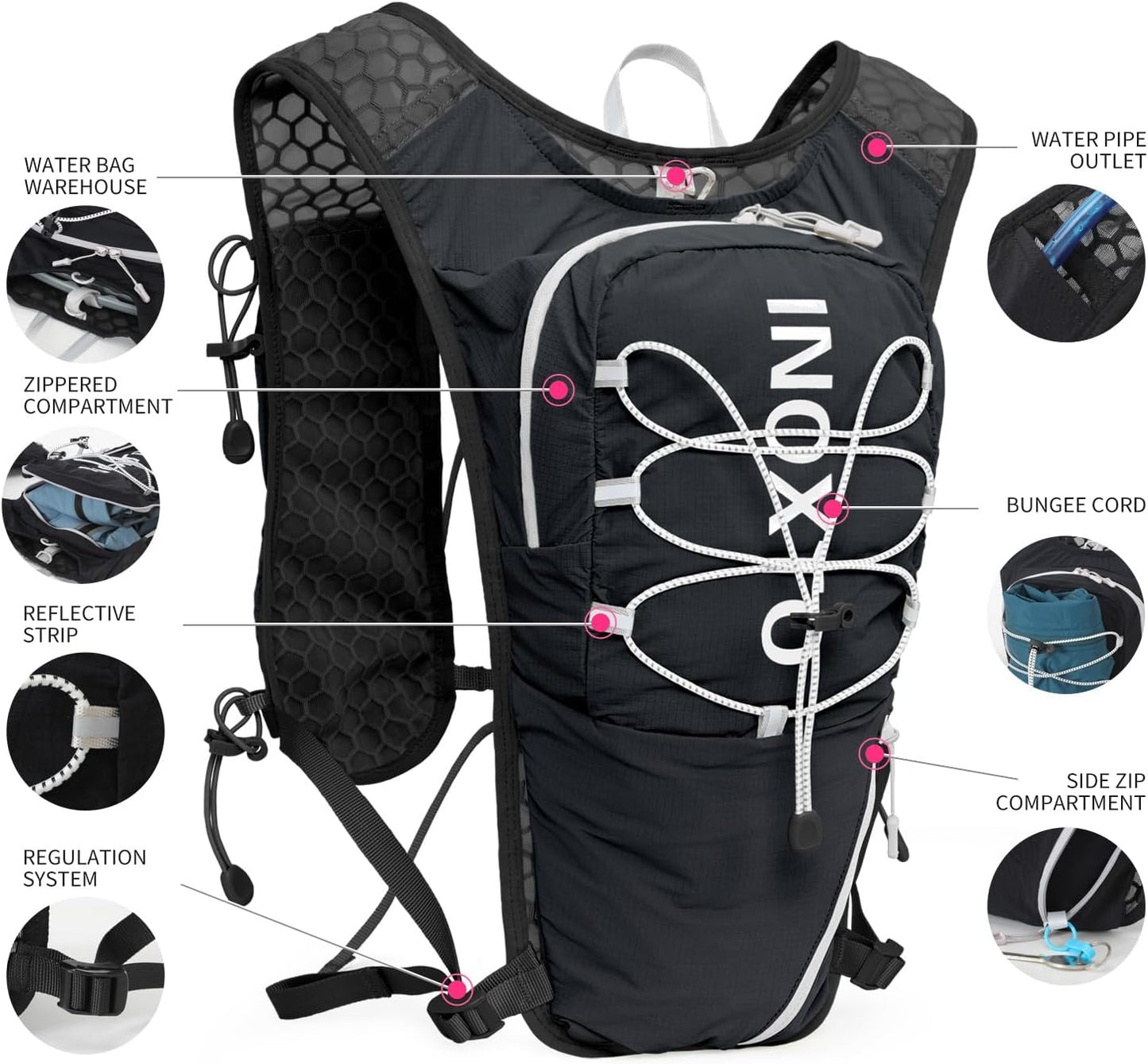 IX INOXTO Running Vest for Women Men Adjustable Chest Straps Running Hydration Vest Backpack with 500ml Soft Flask Lightweight Breathable Reflective Running Vest for Trail Running Hiking(Black)