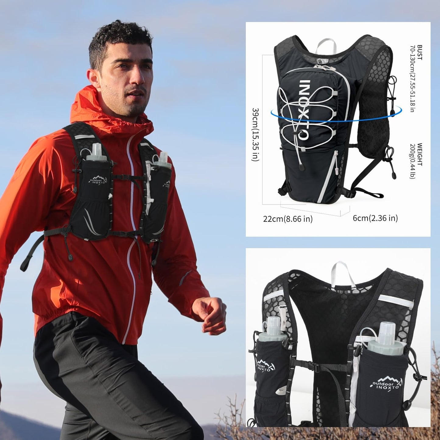 IX INOXTO Running Vest for Women Men Adjustable Chest Straps Running Hydration Vest Backpack with 500ml Soft Flask Lightweight Breathable Reflective Running Vest for Trail Running Hiking(Black)