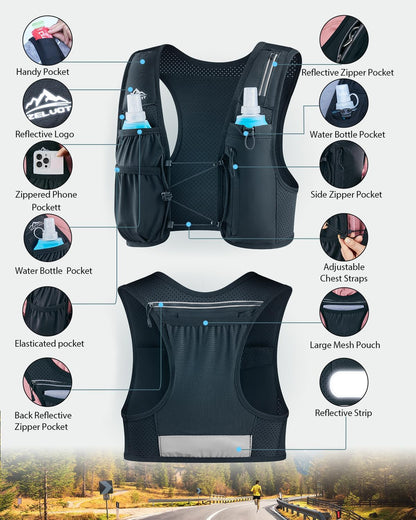 Running Vest for Women Men Adjustable Waistband Running Hydration Vest with 500ml Hydration Bottle Breathable Reflective Running Vest for Trail Running Hiking
