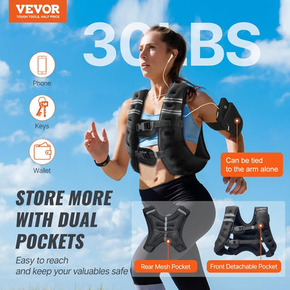 VEVOR Weighted Vest 30 lbs Weight Vest with Reflective Stripe Adjustable Buckle Body Weight Vest for Men Women Workout Equipment for Strength Training Running Jogging Fitness and Weight Loss
