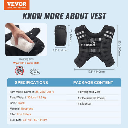 VEVOR Weighted Vest 30 lbs Weight Vest with Reflective Stripe Adjustable Buckle Body Weight Vest for Men Women Workout Equipment for Strength Training Running Jogging Fitness and Weight Loss