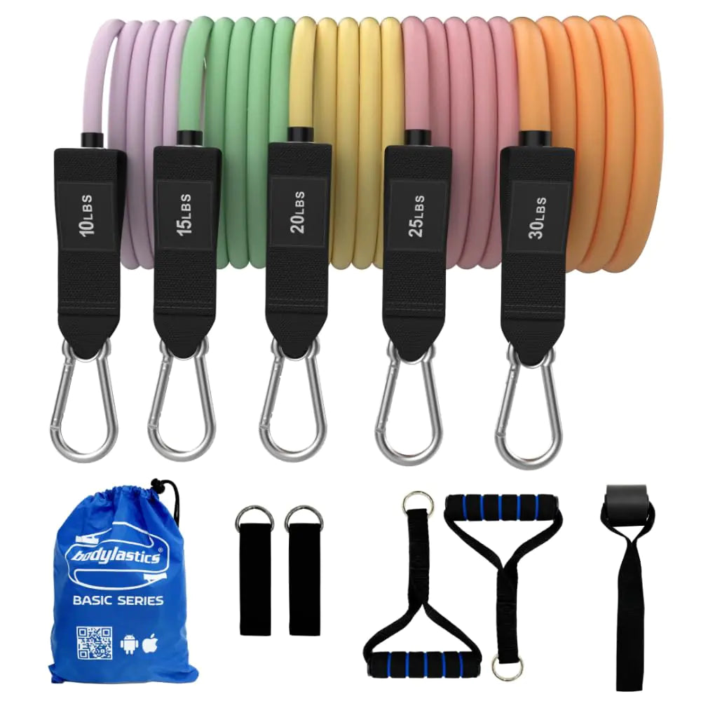 Bodylastics Patented Basic Series Resistance Band Set - 5 Resistance Bands (46 Inch vs PRO 54 Inch) 2 Handles 2 Ankle Straps 1 Door Anchor Carry Bag Snap Reduction Tech (10-200 LBS Set Pastel)
